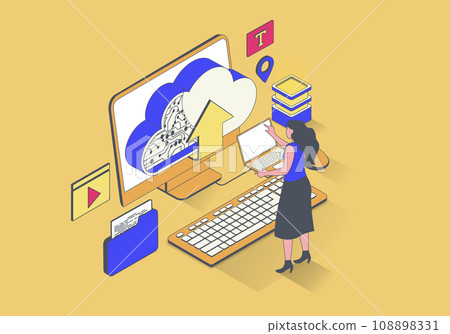 Cloud computing concept in 3d isometric design. Woman works with data processing, sync, uploading and downloading information online. Illustration with isometry people scene for web graphic. Cloud computing concept in 3d isometric design. Woman works with data processing, sync, uploading and downloading information online. Illustration with isometry people scene for web graphic. 108898331