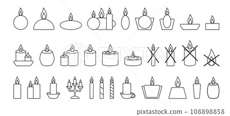 Vector set candles icons Black stroke line Candles symbol rectangular, round, trapezoid. Crossed out 108898858