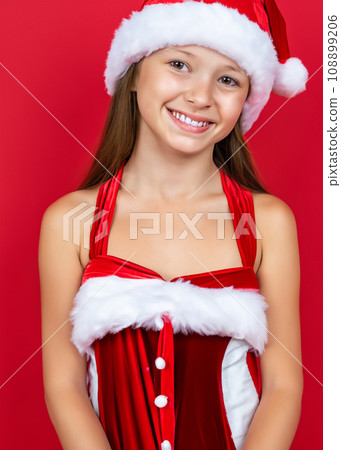 Portrait photo of Christmas image, smiling white girl wearing Santa Claus costume cosplay AI generated image 108899206