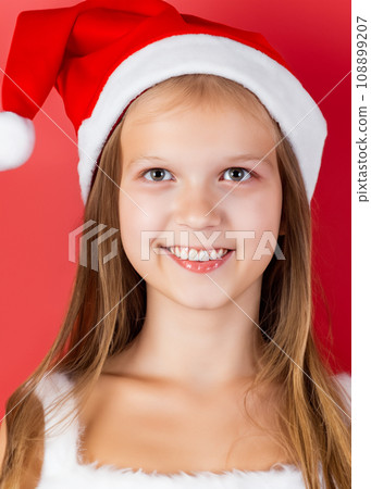 Portrait photo of Christmas image, smiling white girl wearing Santa Claus costume cosplay AI generated image 108899207
