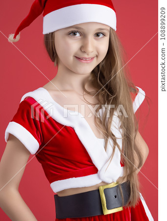 Portrait photo of Christmas image, smiling white girl wearing Santa Claus costume cosplay AI generated image 108899209