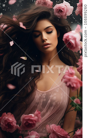 AI-generated content. pretty woman in pink dress having a party while standing under flowers rain AI-generated content. pretty woman in pink dress having a party while standing under flowers rain 108899260