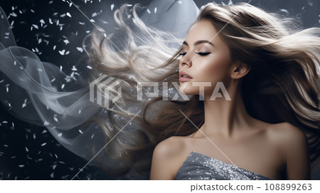 AI-generated content. blond woman in shiny dress having a party while standing under confetti rain AI-generated content. blond woman in shiny dress having a party while standing under confetti rain 108899263