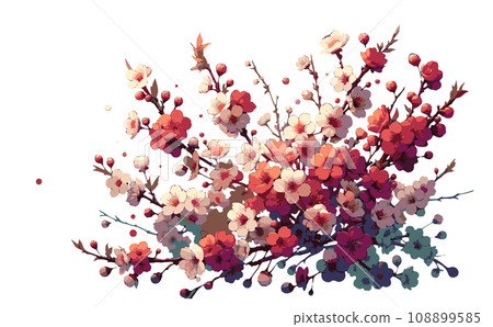 Illustration of cherry blossom branches and cherry blossoms in full bloom and petals. Japanese traditional spring flowers vector illustration - generated AI 108899585