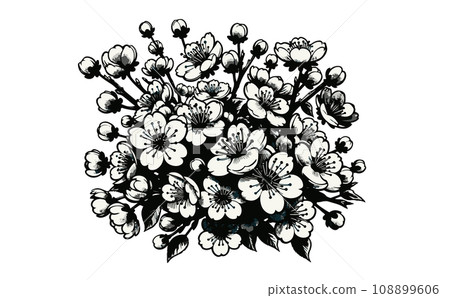 Illustration of cherry blossom branches and cherry blossoms in full bloom and petals. Japanese traditional spring flowers vector illustration - generated AI 108899606