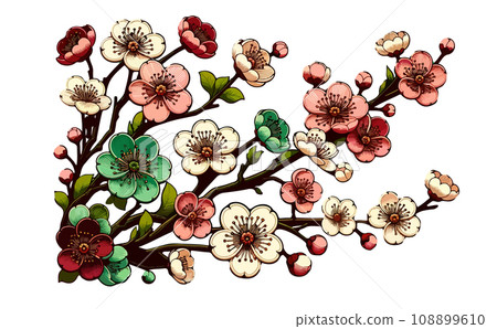 Illustration of cherry blossom branches and cherry blossoms in full bloom and petals. Japanese traditional spring flowers vector illustration - generated AI 108899610