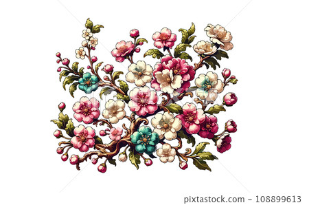 Illustration of cherry blossom branches and cherry blossoms in full bloom and petals. Japanese traditional spring flowers vector illustration - generated AI 108899613