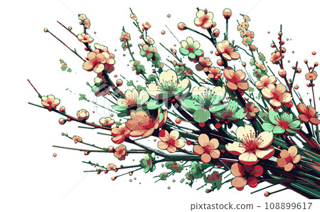 Illustration of cherry blossom branches and cherry blossoms in full bloom and petals. Japanese traditional spring flowers vector illustration - generated AI 108899617