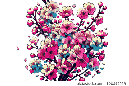 Illustration of cherry blossom branches and cherry blossoms in full bloom and petals. Japanese traditional spring flowers vector illustration - generated AI 108899619