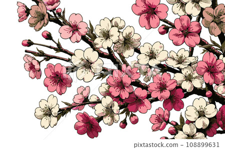 Illustration of cherry blossom branches and cherry blossoms in full bloom and petals. Japanese traditional spring flowers vector illustration - generated AI 108899631
