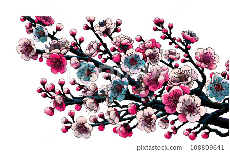 Illustration of cherry blossom branches and cherry blossoms in full bloom and petals. Japanese traditional spring flowers vector illustration - generated AI 108899641