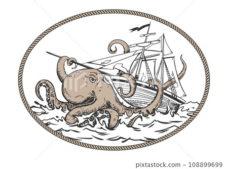A mythical monster from the dark depths attacks the ship. The octopus wraps its tentacles around the ship and pulls it to the bottom. Vector image of the Kraken. A mythical monster from the dark depths attacks the ship. The octopus wraps its tentacles around the ship and pulls it to the bottom. Vector image of the Kraken. 108899699