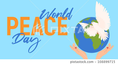Peace Day. Hands hold a globe, earth. Dove with an olive branch. Flat illustration in cartoon style. Vector. The concept of hope, sign of freedom and independence, a manifestation of the holy spirit. Peace Day. Hands hold a globe, earth. Dove with an olive branch. Flat illustration in cartoon style. Vector. The concept of hope, sign of freedom and independence, a manifestation of the holy spirit. 108899715