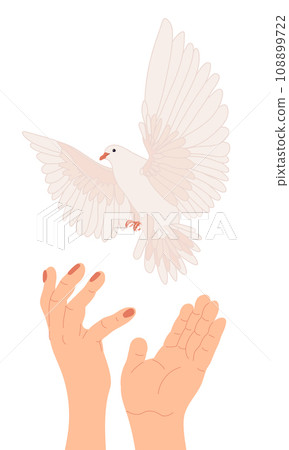 Hands with dove of peace in flat style. Vector. The white bird flies up. The concept of hope, a sign of freedom and independence, a manifestation of the holy spirit. 108899722