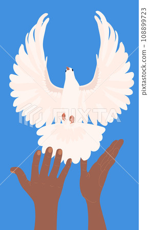 Hands with dove of peace in flat style. Vector. A white bird flies out of the hands into the blue sky. The concept of hope, a sign of freedom and independence, a manifestation of the holy spirit. 108899723