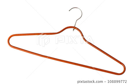 Red plastic empty hanger with a hook on a white background. 108899772