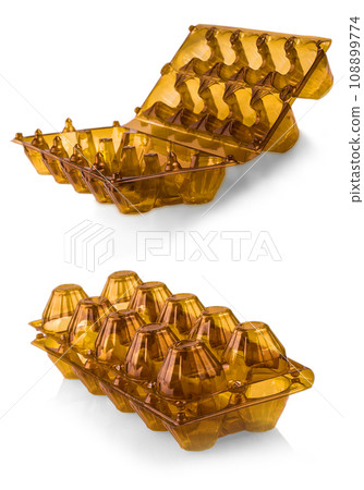 Set of Brown plastic boxes for eggs isolated on white background. 108899774