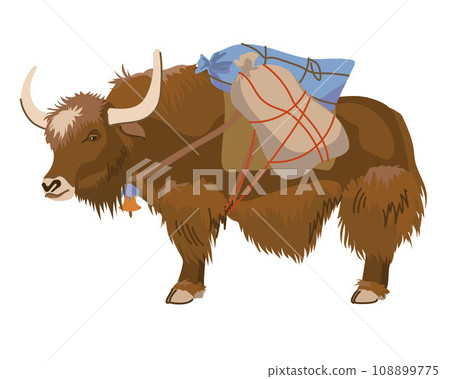 A brown yak with bags on its back. Vector, flat style. A pet is traditionally used for cargo transportation in Tibet and Nepal. Dairy cattle are widespread in the highlands. Cartoon style. A brown yak with bags on its back. Vector, flat style. A pet is traditionally used for cargo transportation in Tibet and Nepal. Dairy cattle are widespread in the highlands. Cartoon style. 108899775