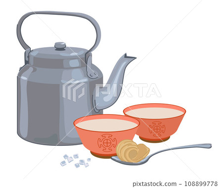 Tea with butter and salt. A traditional drink of the peoples of the Himalayan regions of Nepal, Bhutan, India and Mongolia. Vector, flat style. Stainless steel teapot, bowl, spoon, salt, oil. 108899778