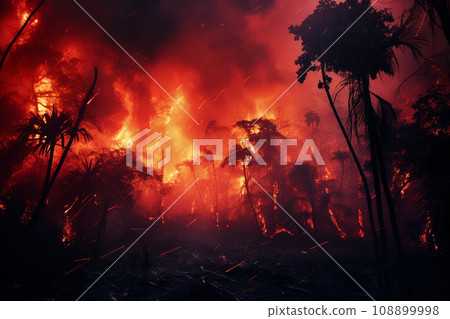 Fire and storm in rainy forest at night Fire and storm in rainy forest at night 108899998