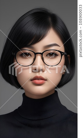 穿著黑色高領衣服戴眼鏡的短髮女人 穿著黑色高領衣服戴眼鏡的短髮女人 108900033