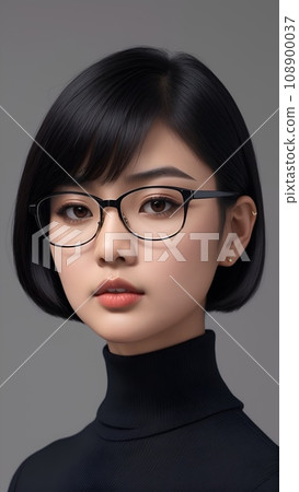 A short-cut woman wearing black high-neck clothes and glasses 108900037