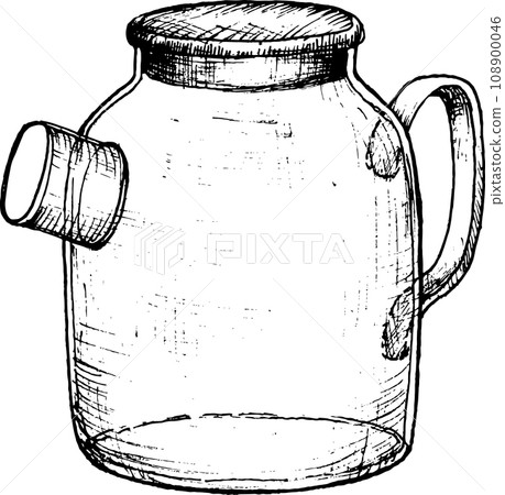 Hand drawn glass transparent teapot with tea, vector illustration Decorative design element, teapot 108900046