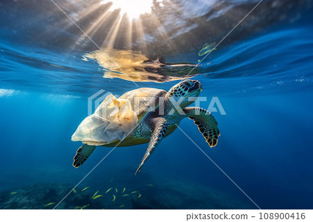 Sea turtle swimming underwater with plastic bag, plastic waste and ocean pollution concept. Generative AI. 108900416