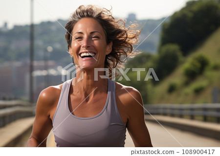 Senior middle aged woman enjoying jogging outdoors in the morning, eldery people healthy lifestyle. Generative AI 108900417