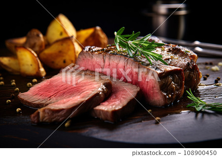 Delicious medium rare beef steak served with roasted potatoes on slate. Generative AI 108900450