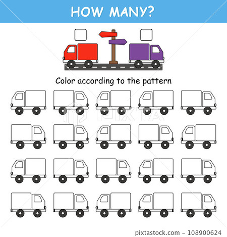 Game for preschool children. Match the cards with the cars and color them according to the pattern. Orientation in space. Left and right 108900624