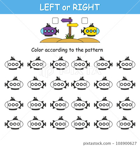 Game for preschool children. Match the cards with the cars and color them according to the pattern. Orientation in space. Left and right Game for preschool children. Match the cards with the cars and color them according to the pattern. Orientation in space. Left and right 108900627