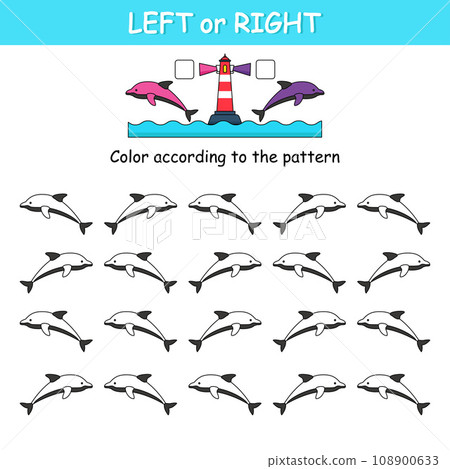 Game for preschool children. Orientation in space. Left and right. Animal. Dolphin 108900633