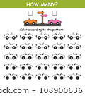 Game for preschool children. Match the cards with the cars and color them according to the pattern. Orientation in space. Left and right 108900636