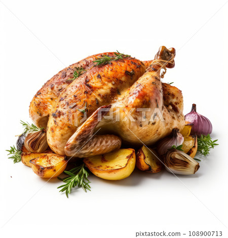 Baked chicken. Homemade lemon and herb rotisserie chicken on a plate. 108900713