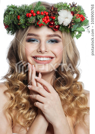 Happy blonde model woman with french manicure nails isolated on white background 108900768