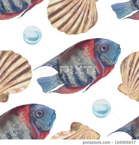 Fish, shells, bubbles. Marine seamless pattern. Vector illustration in watercolor style. Cards, covers, fabric, wrapping paper, wallpaper, textile. Fish, shells, bubbles. Marine seamless pattern. Vector illustration in watercolor style. Cards, covers, fabric, wrapping paper, wallpaper, textile. 108900857