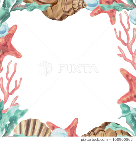 Shells, starfish, algae, corals. Marine frame. Vector illustration in watercolor style. Greeting cards, food packaging, covers, banners and flyers. 108900863
