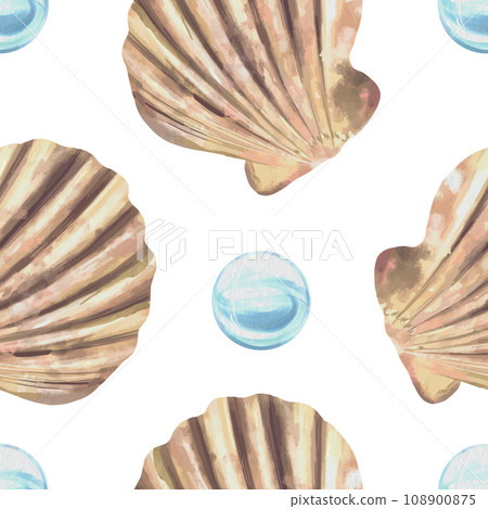 Seashells and bubbles. Marine seamless pattern. Vector illustration in watercolor style. Cards, covers, fabric, wrapping paper, wallpaper, textile. 108900875