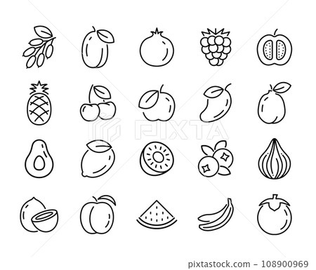 Fruit line icon isolated tropical food. Linear healthy outline apple grape cherry stroke sign vector 108900969
