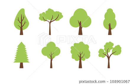 Vector tree simple flat icon. Cartoon tree forest icon silhouette set, green branch leaf. 108901067