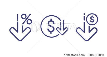 Cost reduction icon price lower arrow. Vector low cost money crisis line icon Cost reduction icon price lower arrow. Vector low cost money crisis line icon 108901091