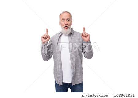 well-groomed gray-haired senior man with a beard and mustache in a shirt is confident 108901831