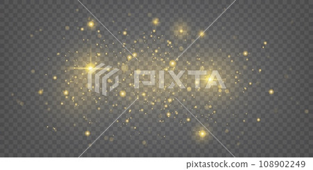 Star dust. Light gold glitter, magic shine effect, golden confetti or glow spark, flare texture isolated on transparent background. Minimal festive starlight. Vector illustration 108902249