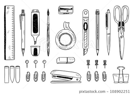 Doodle pencils. Hand drawn pen and pencil, sketch style school and office stationery tools, art brush, adhesive tape and scissors or highlighter marker. Line elements. Vector icons Doodle pencils. Hand drawn pen and pencil, sketch style school and office stationery tools, art brush, adhesive tape and scissors or highlighter marker. Line elements. Vector icons 108902251