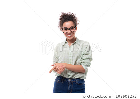 young confident leader woman with curly black hair wears glasses young confident leader woman with curly black hair wears glasses 108902252