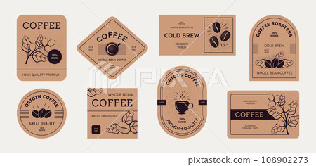 Coffee bean package. Label, stamp or sticker, logo for organic cafe with cup and tree, vintage sign. Packaging with branches, roasted seeds and cups. Hot beverage vector design illustration 108902273