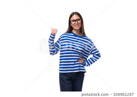 young stylish woman with straight hair wears eyeglasses on a white background young stylish woman with straight hair wears eyeglasses on a white background 108902287