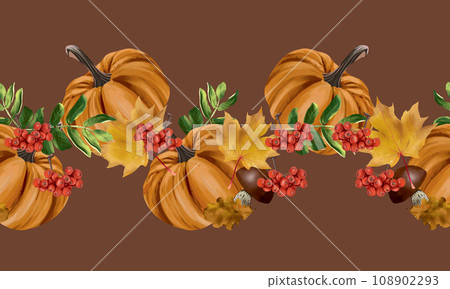 Pumpkins, autumn maple leaves, rowan berries, mushrooms. Vector seamless border in wave shape. Autumn sales, greeting cards, banners, flyers. 108902293