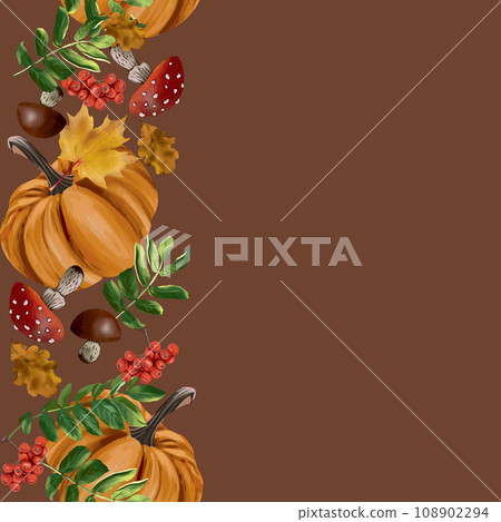 Pumpkins, autumn maple leaves, rowan berries, mushrooms. Vector vertical seamless border. Autumn sales, greeting cards, banners, flyers, invitations. 108902294